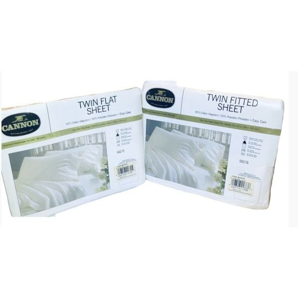 Vintage CANNON Twin Flat & Fitted White Sheet Set Made in USA Cotton/Polyester - Picture 1 of 6